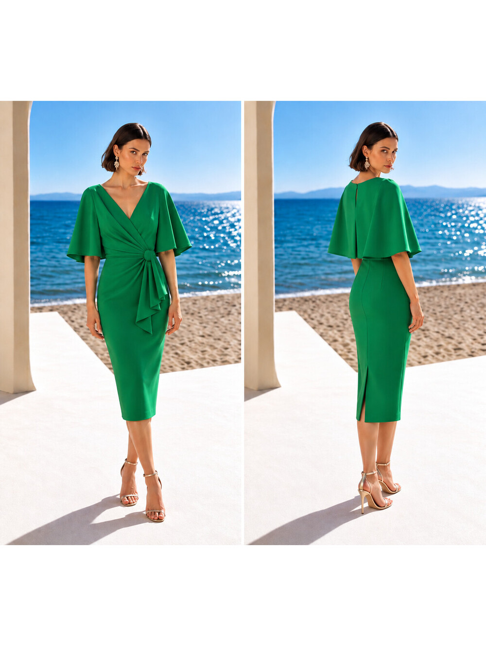 Badgley Mischka Sz 4 Emerald Green Cape Sleeve Draped Cocktail Holiday Dress NWT